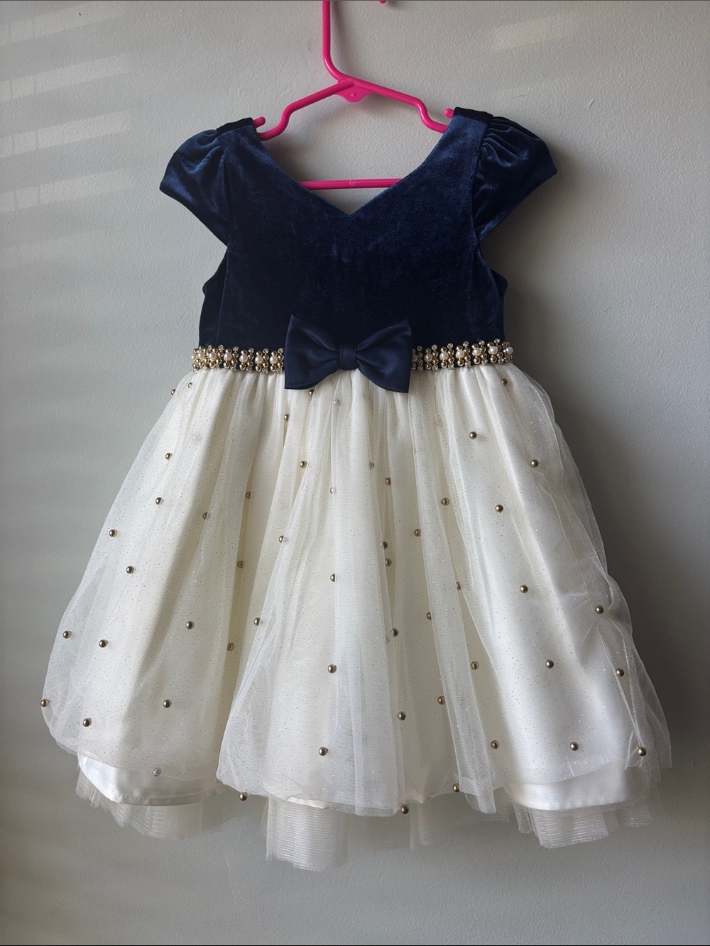 Navy and Cream 2T Pearl-Embellished Party Dress